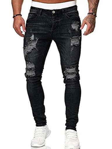 Osheoiso Vaqueros Rasgados de Hombre Skinny Denim Jeans Vintage Pantalone con Cremallera Moda Casuales Elasticos Agujero Pantalón Largo Vaqueros Ajustados A Negro L | Ya disponible en tu tienda friki favorita! En mundofriki.es!