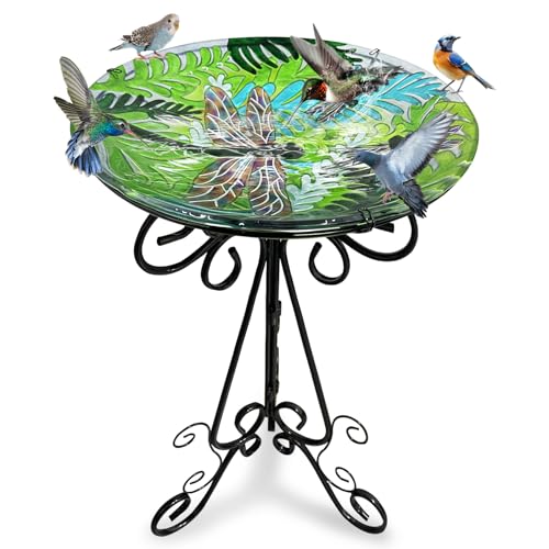 OUISJYER Large Bird Bath for Outside, 18" W Glass Bath Bowl with Metal Stand 28" H Standing Outdoor Birdbaths for Garden Yard Lawn Decor (Dragonfly)