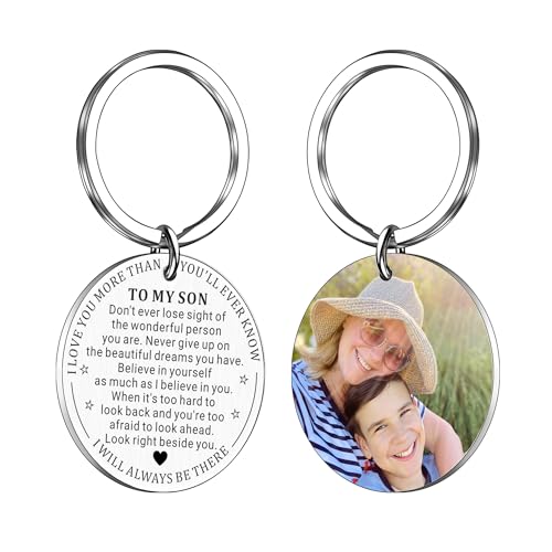 to My Son Gifts from Mom Dad, Easter Basket Stuffer for Teen Boys, Gifts for Son Keychain, Gag Gift, Double-sided (Customized Photos, silver)