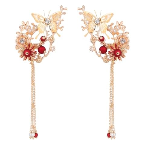 Lurrose Flower Hair Clip Retro Japanese Tassel Hair Pin with Chinese Decor - 1 Pair Cover