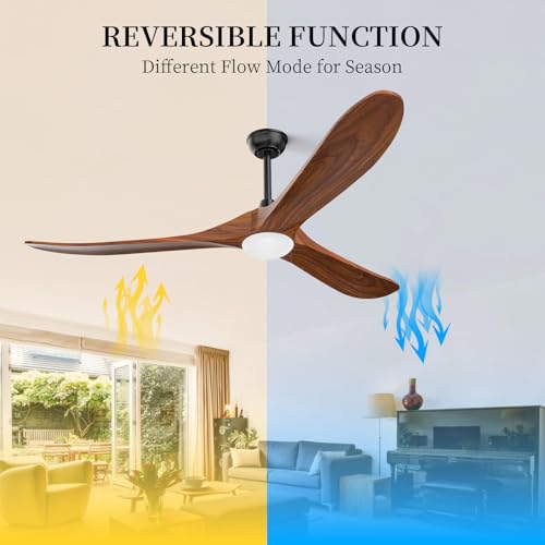 Image of Obabala 70 inch Outdoor Ceiling Fan with Light and Remote, Solid Wood 3-Blade Ceiling Fan with DC Motor for Patio and Farmhouse, Dark Walnut