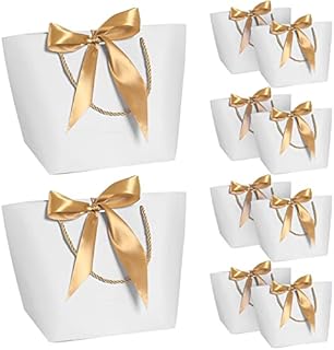 10 PCS Gift Bags with Handles, Paper Party Favor Bag with Elegant Bow Ribbon for Wedding Birthday Graduation Celebration Holiday Present Wrap (White)