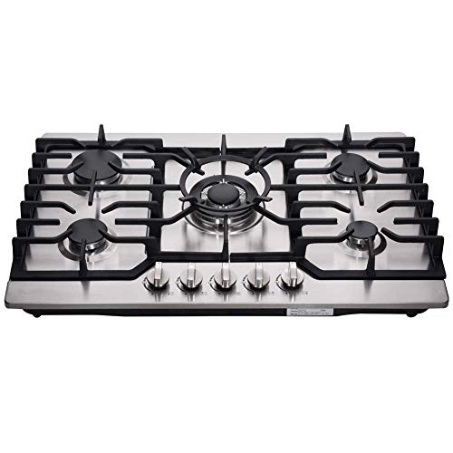 30 Inch Gas Cooktop 5 Burners Gas Stove Gas Hob Stovetop Stainless Steel Cooktop Cast Iron Grates Built-in Gas Stove Top LW5S01 LPG/NG Gas Cooktop Thermocouple Protection