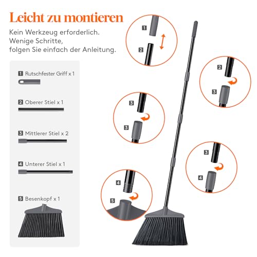 Lifewit Außen/Innen Besen für schwere Aufgaben, Kommerzieller Besen mit 1,35m langem ausziehbarem Stiel, Haushaltswinkel-Eckbesen für Terrasse, Garage, Oberdeck, Lobby, Hof, Dunkelgrau