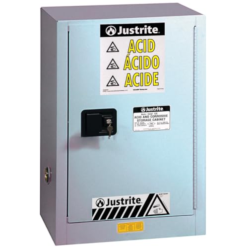 Image of Justrite Acid Corrosive Storage Cabinet - 15 Gallon 1 Door Manual Close Chemical Storage Cabinet with ChemCor Coating - 22 inch x 36 inch x 24 inch - Made in the USA - Silver - 8825042
