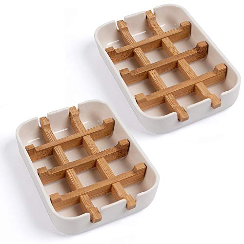 Vegena 2 × Paquetes Jabonera Jabonera de Madera Natural Bambú Caja de Jabón de Drenaje Bandeja de Jabón de Cocina Desmontable Jabonera Cuadrada para Baño Cocina Ducha Fregadero