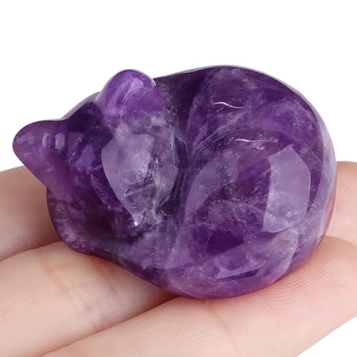 LAIDANLA Amethyst Cat Healing Crystals Figurine Sleeping Cat Hand Carved Cute Statue Polished Stone Sculpture Reiki Office Room Bedroom Desk Home Decoration Gifts 1.6"