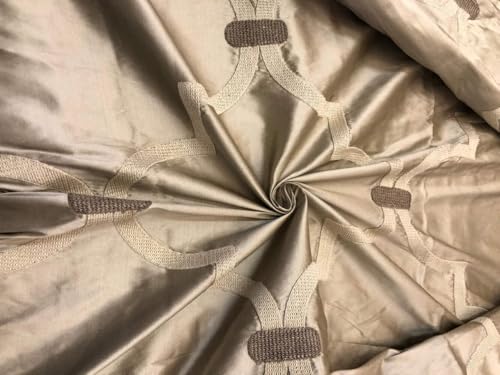 Tissu taffetas 100% soie brodé haut de gamme chic beige vert TAFE25