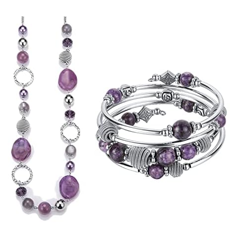 PEARL&CLUB Purple Long Necklace Beaded Silver Wrap Bracelet Set Cover