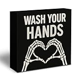 Kneaotoaji Gothic Bathroom Wooden Sign - Funny Halloween Gothic Bathroom Decor, Spooky Black Skull Wooden Box Sign for Home Kitchen Bath Table Desk Shelf Decoration, 5x5 Inch