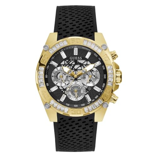 GUESS Montre Multifonction en Acier Inoxydable de 46 mm, Noir/doré/Noir, TROPHÉE