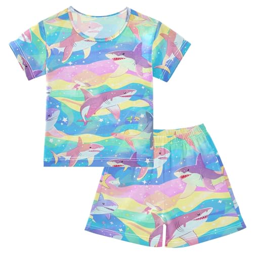 ALAZA Cute Shark Whale Rainbow Pajamas Short Sleeve 2 Piece Sleepwear Top and Bottom Pajama Set Unisex