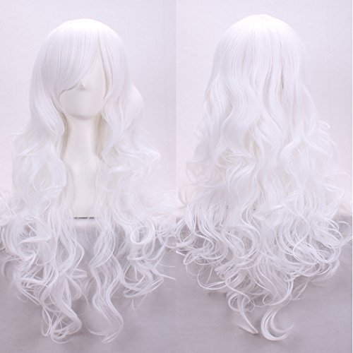 EllenaWomens/Ladies 80cm White Color Long Curly Cosplay/Costume/Anime/Party/Bangs Full Sexy Wig (80cm,Curly,White)