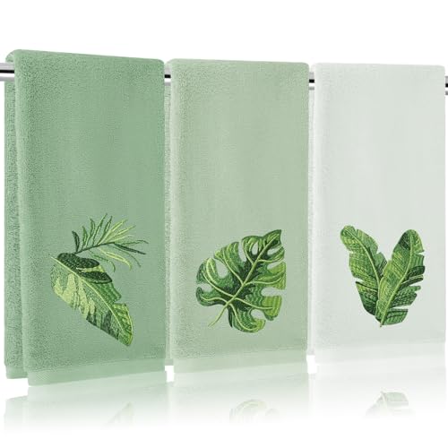 FYSUIMU 3 Pcs Sage Green Gradient Hand Towels Tropical Palm Leaves Embroidered Cotton Bathroom Towel Absorbent Bath Towel for Hand Drying Cleaning Cooking, 29.5 x 13.7 Inch
