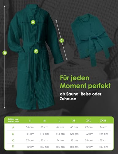heimtexland ® Bademantel Waffelpique Reisebademantel Saunamantel 100% Baumwolle Oekotex leicht schnelltrocknend hautfreundlich für Damen und Herren Typ881 Smaragd L