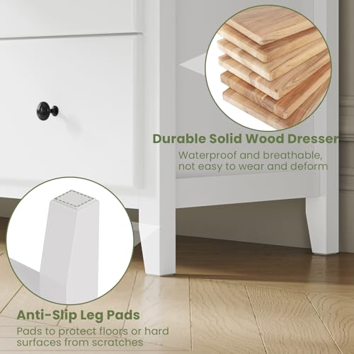 Hasuit White Dresser for Bedroom, 55.3\'\' Long Dressers Chest of Drawers, Large Capacity 6 Drawer Double Dresser, Solid Wood Storage Cabinet Dressers for Bedroom Living Room, Hallway
