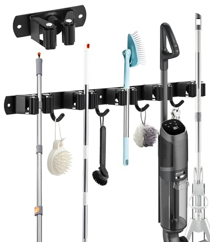 Koncuo Colgador Escobas y Fregonas con 5 Soportes y 4 Ganchos Soporte Escobas Pared de Acero Inoxidable Ganchos Colgar Escobas Adhesivo Organizador Colgador de Fregonas para Cocina,Baño,Garaje,Jardín