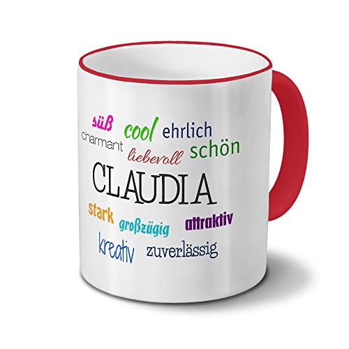 printplanet Tasse mit Namen Claudia - Positive Eigenschaften von Claudia - Namenstasse, Kaffeebecher, Mug, Becher, Kaffeetasse - Farbe Rot