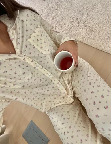 Women 2 Piece Floral Pajama Set Button Down Long Sleeve Wide Leg Fruit Set Cute Pjs Y2K Loungewear Sleepwear S-XL4