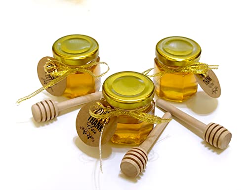 Ahhute 40-Count 1.5 Oz Mini Hexagonal Glass Honey Jars - Small Honey Jars With Wooden Dippers, Bee Charms, Gold Gift Bags And Gold Fabric Ribbons - Honey Jars With Gold Lids For Baby Shower, Wedding And Party Favors #TOP2