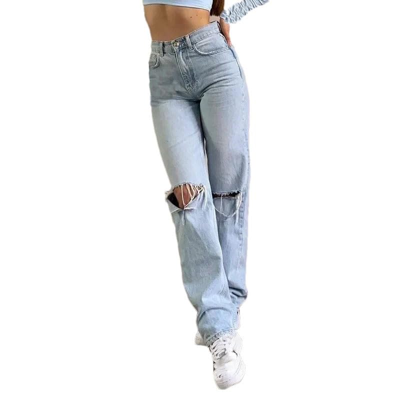 Women Jeans Straight Ankle Length High Waist Zipper Holes Pockets Loose Casual Work Pants