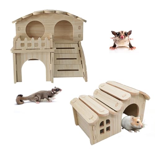 JOURINE 2 Packs Wooden House for Tiny Hamster Waterproof Design Chinchilla Playground Natural Wood Hideouts for Small Animals Like Dwarf Gerbil Mouse Mice Rat