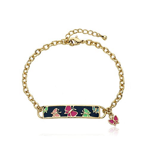 Identity Crisis 14k Gold-Plated Multi Color Butterflies On Blue Enamel Mom'S Id Bracelet With Hanging Butterfly/ 7