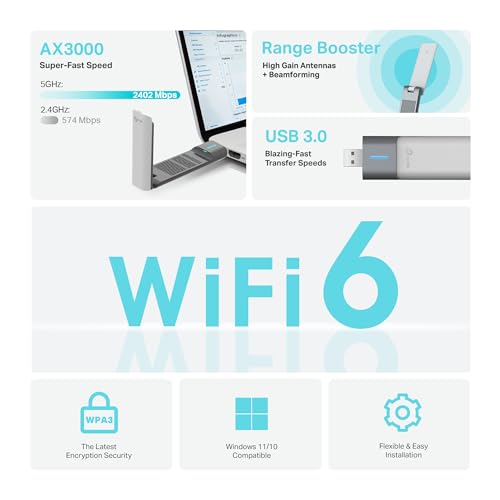 Image of TP-Link Archer TX50UH AX3000 WiFi Dongle, WiFi 6 Band Wireless Dual Band, USB WiFi Adapter for PC, Wider Coverage, USB WiFi Dongle, Lower Latency and High Efficiency, USB3.0, Support Win10 /11