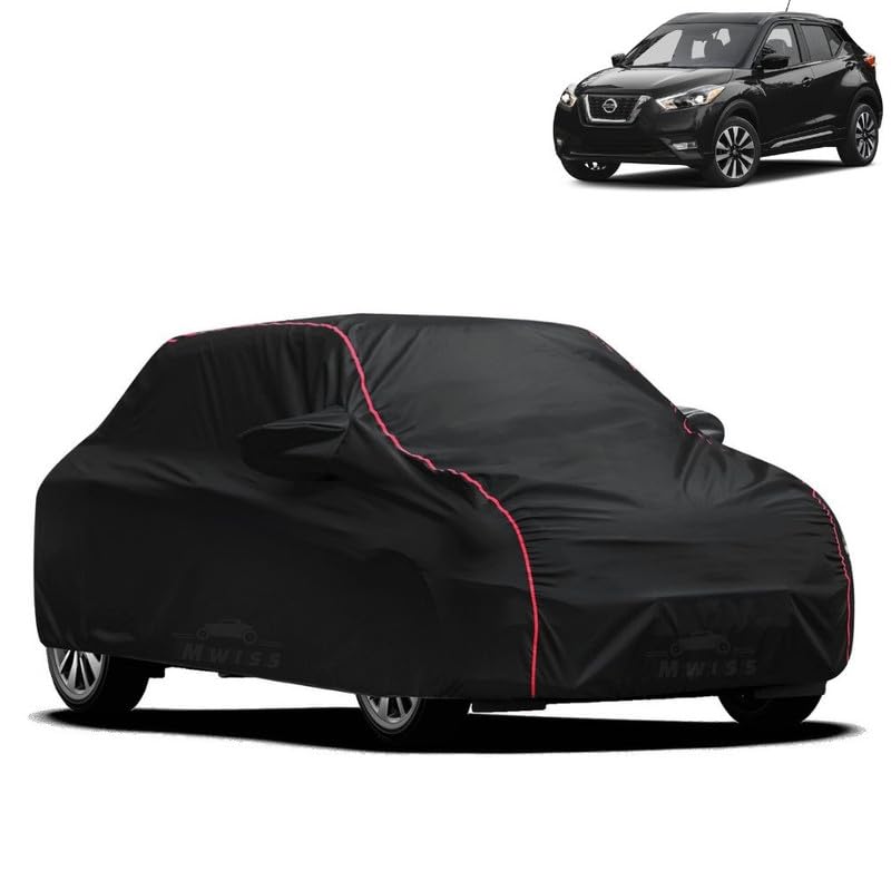 Image of Waterproof Car Cover for Nissan Kicks | All-Weather Protection, Dustproof & UV Resistant | Triple Stitched Mirror Pockets, Windproof Buckle Strap with Elastic Hem, Black-Red Piping