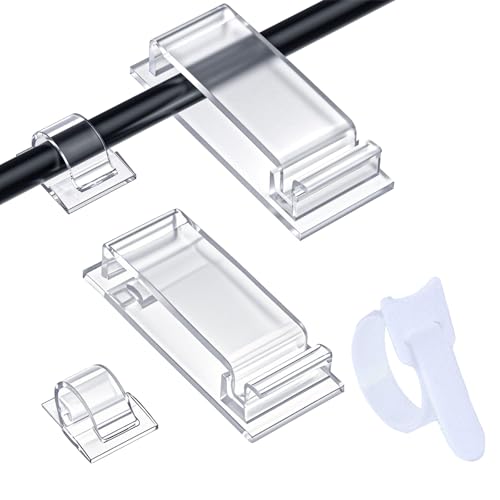 100 Pz Clip per Cavi,Fermacavi Adesivi, Clip Cavo Autoadesivo – 50 Clip Piccole + 20 Grandi + 30 Riusabili Fascette, Ferma Cavi Da Scrivania, Organizzatore Cavi Trasparenti per TV, PC, Scrivania, Casa