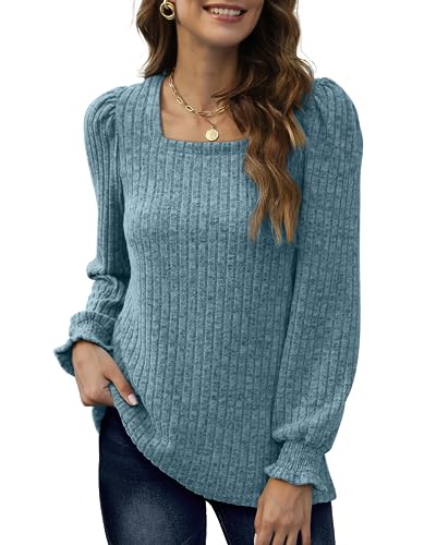 Aokosor Jumpers for Women Lightweight Long Sleeve Tops Ladies Square Neck Sweatshirts Casual Puff Sleeves Blue 14-16