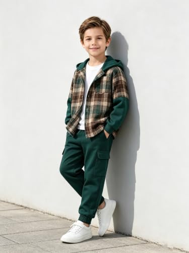 Image of 2Pcs Kids Boys Flannel Plaid Shirt Tops Pants Set Hoodie Sweatsuit for Fall Winter Spring Outfits 4-12 Years