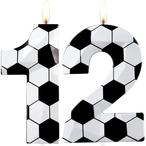 12th Birthday Candles Number 12 Candles Soccer Happy Birthday Candle Premium Wax & 3D Diamond Design Soccer Themed Cake Topper Decorations for Men Boy Birthday Party Soccer Fan Celebration Supplie