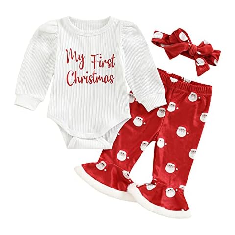 Baby Girl My 1st Christmas Outfits Letter Long Sleeve Romper Tops+Bell Bottom Pants+Headband 3 Pcs Clothes Set (A-Red, 0-3 Months) Cover