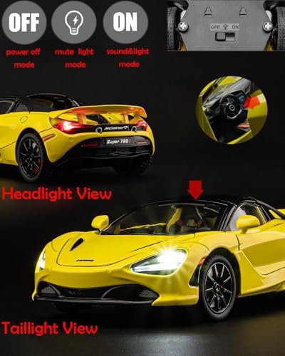 Image of 1:24 McLaren 720S Diecast Alloy Model Car Pull Back Toy with Sound & Light Collectible Supercar Gift for Kids & Adults Realistic Detailing Perfect for Display or Play (Yellow)