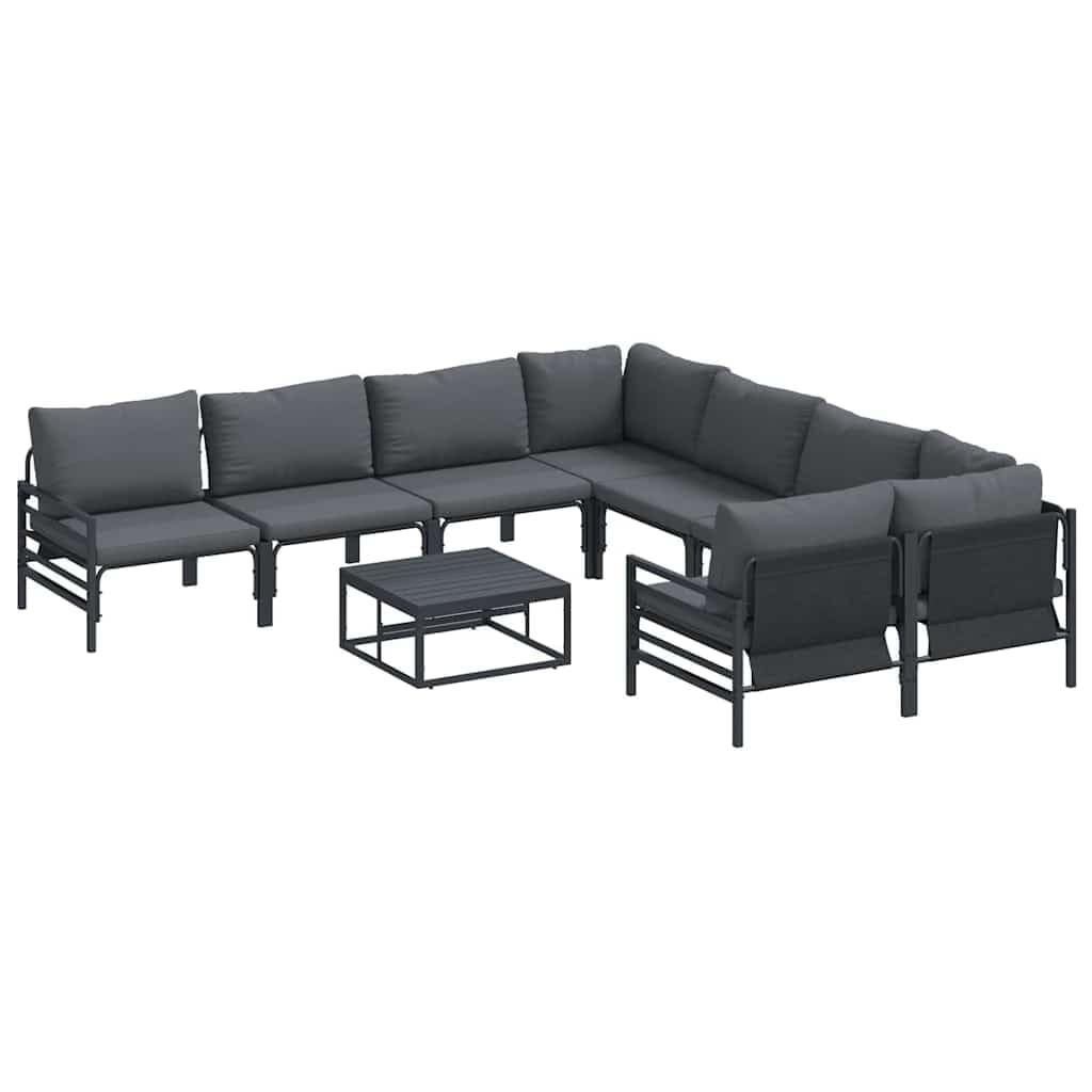 Zestaw Sof na Ogród z poduszką 9 pcs Czarny Stal, komplet wypoczynkowy ogrodowy 9-częściowy, meble na taras czarny stal, zestaw mebli ogrodowych 9 elementów z fotelami i stołem