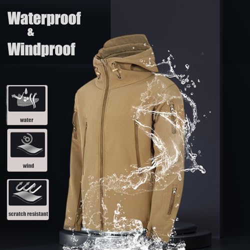 Image of Men's Tactical Fleece Lined Jacket Softshell Military Hooded 7 Pockets Windproof Outdoor Work Rain Coats Khaki M