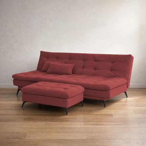 Image of Krancy Solid Wood 3 Seater Sofa Cum Bed with Ottomon | Convertible Wooden Couch for Living Room, Home & Office | Modern Designer Furniture | 1 Year Warranty | Maroon Color