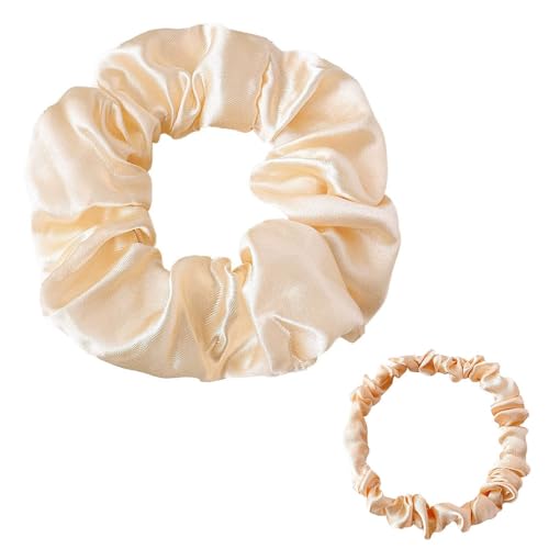 シュシュ 大人 2点セット 小大きめ 髪の毛 シルク 跡がつかないヘアゴム ヘアアクセサリー ヘアあくせさりー女性人気 (ベージュ)