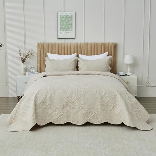 Image of Kingnex Oversized King Bedspreads 128x120 for Extra Wide Tall King or Cal King Bed Ultrasonic Quilted Coverlet Set 3 Piece Include 1 Quilt 2 Pillowcases Beige