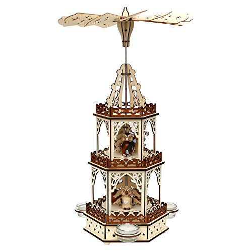 Dekohelden24 Photophore Pyramide en Bois Naturel/Marron avec 3 étages, pour 3 Bougies Chauffe-Plat, L/L/H : 19 x 16,5 x 42 cm, Motif : forêt de Chouettes.