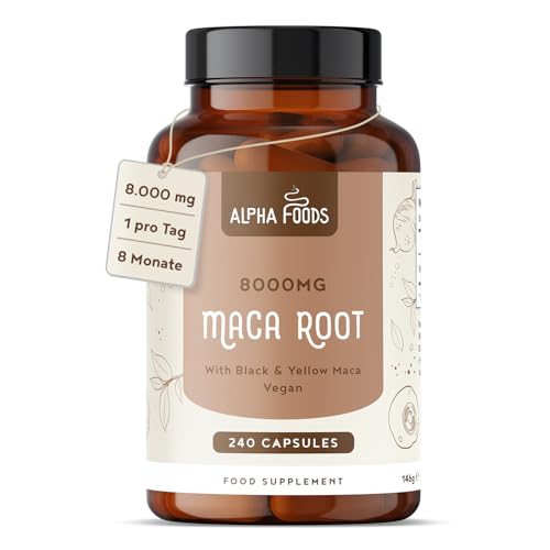 Maca Kapseln hochdosiert | 240 vegane Kapseln | Maca Schwarz 10:1 Extrakt | 8000 mg pro Kapsel | Pulver aus der Maca Wurzel | Hochdosiert und vegan | Alpha Foods