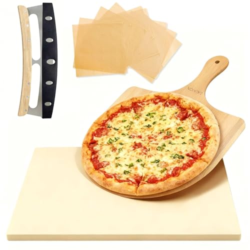 Rectangular Pizza Stone Kits 4PCS 12x15 Cordierite Baking Stone for Grill & Oven Cutter Rocker Stainless Steel &10pcs Cooking Paper and Peel Paddle-Durable and Pizza Oven Accessories