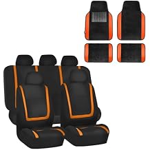 FH Group Unique Flat Cloth Seat Covers with Premium Carpet Floor Mats- Fit Most Car, Truck, SUV, or Van Orange/Black FB032115- F14407