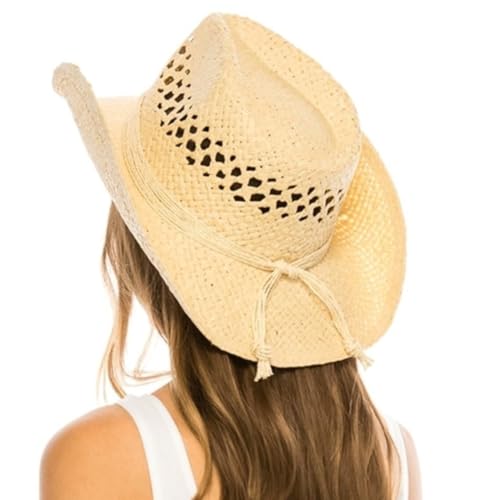 Image of TOVOSO Straw Cowboy Hat for Women with Beaded Trim and Shapeable Brim