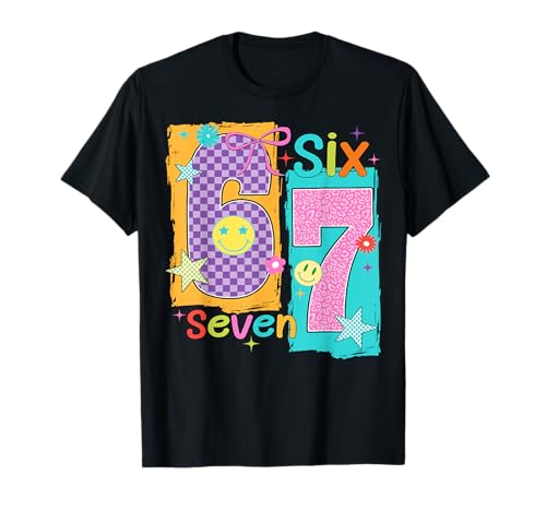 67 Leopard Checkered Funny Six Seven Meme 6-7 Girls Kids T-Shirt