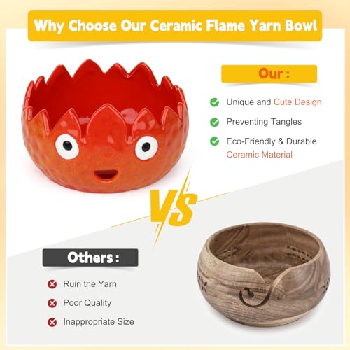 Image of Katech Flame Yarn Bowl for Crocheting-Crochet Bowls for Yarn w /Crochet Hooks-Knitting Bowl-Cute Handmade Ceramic Flame Yarn Bowls-Ideal Crochet Gifts for Crocheters Knitter(6.3 inch x 6.3 inch x 4 inch)