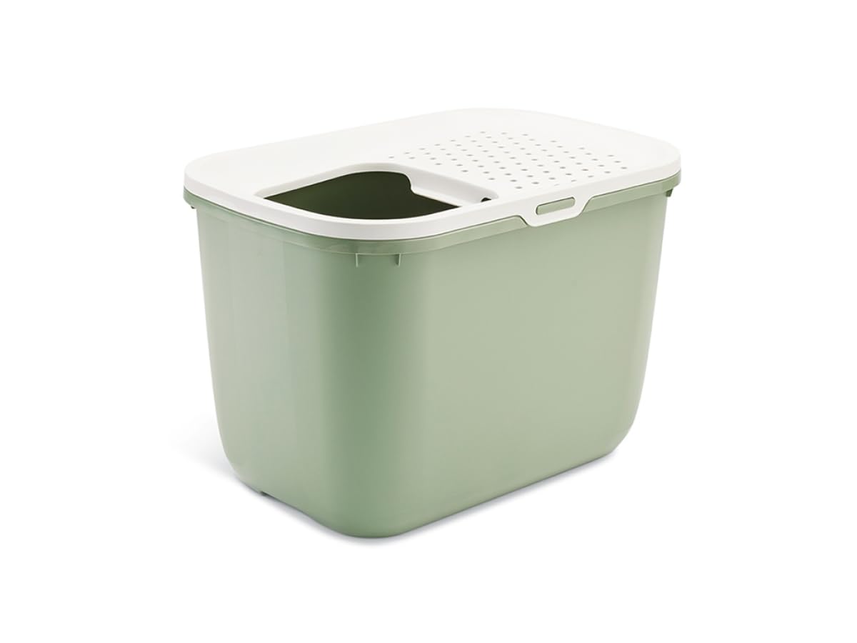 bac litiere pour Chat - Hop in Botanical Green - entrée par Le Haut - Couvercle perforé - côtés Hauts Anti-Projections - 58,5 x 39 x 39,5 cm