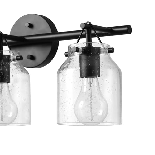 Image of Globe Electric 63000207 5-Piece All-in-One Bathroom Set, 22 inch 3-Light Vanity Light, Matte Black, Seeded Glass Shades, Towel Bar, Robe Hook, Toilet Paper Holder, Towel Ring, Bathroom Lights Over Mirror