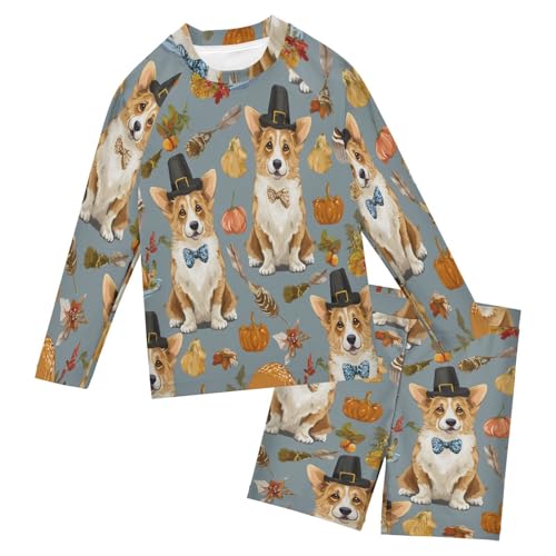 Corgi Dog Pumpkins Maple Boys Swimsuit Rash Guard Toddler Kids Long Sleeve Swim Shirt and Trunks Swimwear Set 3-10Y